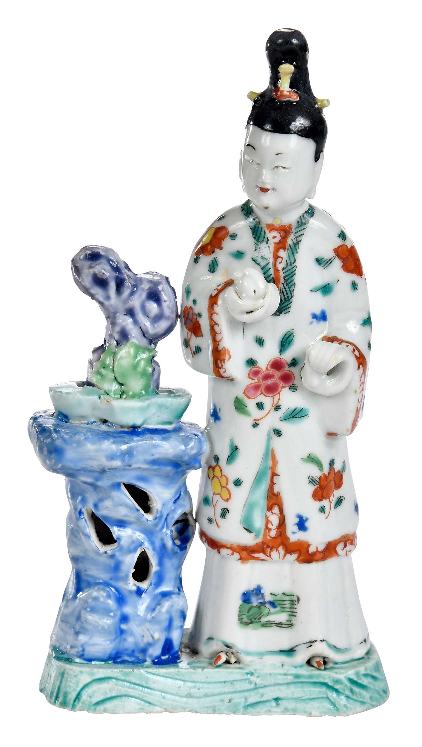 Chinese Export Porcelain Figure of a Court Lady with Rockwork Plinth: Qing dynasty, enamel decoration, lady with floral robe, black hair in bun, standing by rocky plinth displaying rockwork, 7-1/4 x 4 x 1-3/4 in. Provenance: The Collection of John Suval, Fredericksburg,