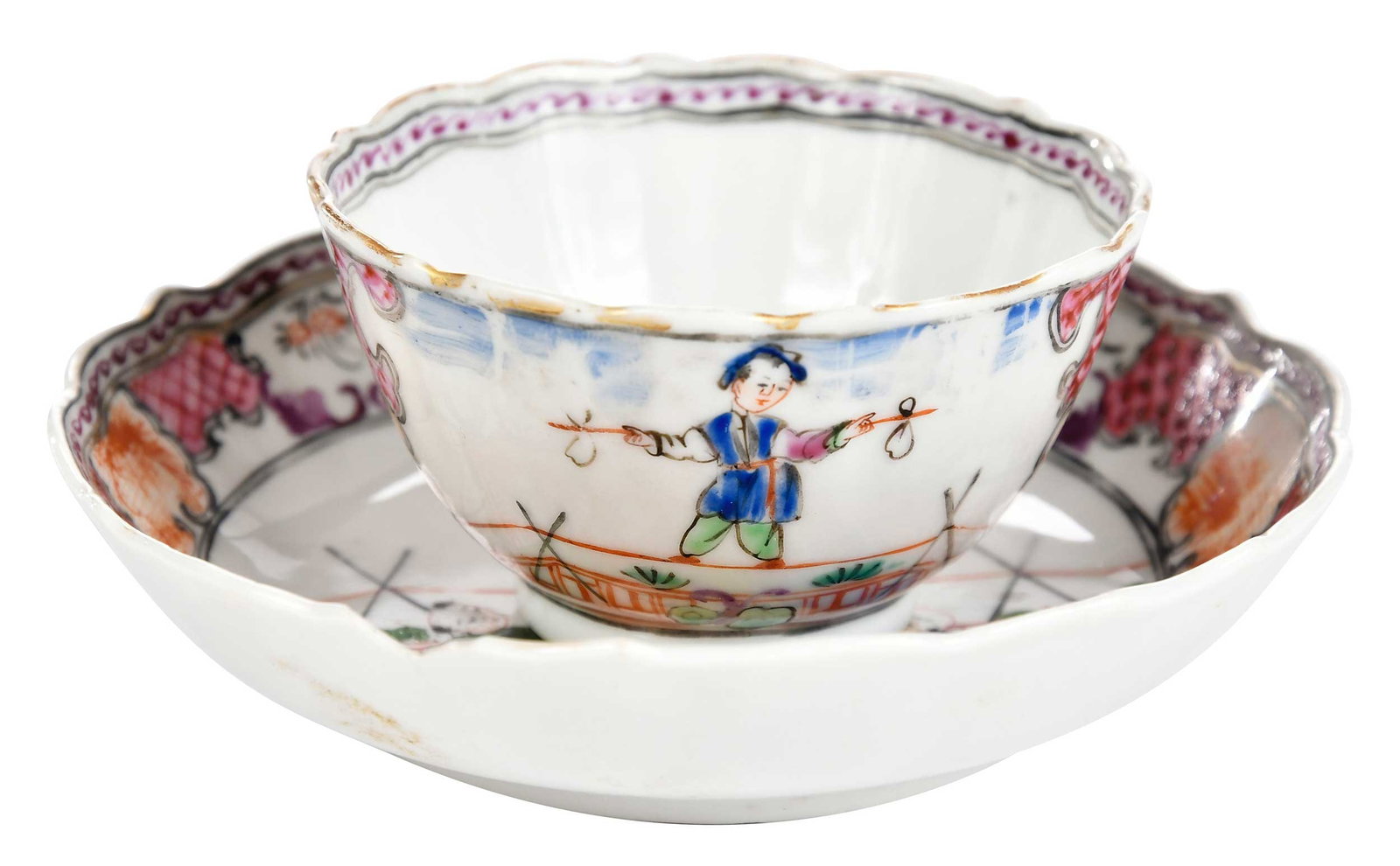 Chinese Export Mandarin Palette Porcelain Tea Bowl and Saucer, Acrobats: 19th century, scenes featuring tightrope walker, juggler, and plate spinner, tea bowl 1-3/4 x 3-1/8 x 3-1/8 in., saucer 1-1/4 x 5 x 5 in. Provenance: The Collection of John Suval, Fredericksburg, Virg