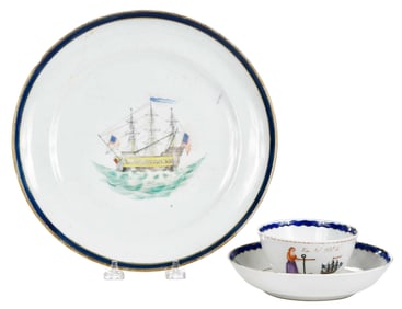 Chinese Export Porcelain Marine Decorated Tea Bowl, Saucer, and Plate