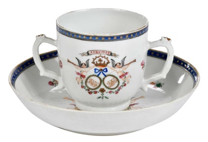 Chinese Export Porcelain Marriage Double Handled Teacup and Saucer