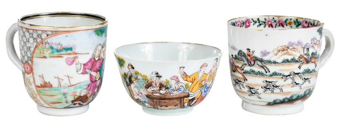 Chinese Export Card Players Porcelain Tea Bowl and Two European Subject Teacups