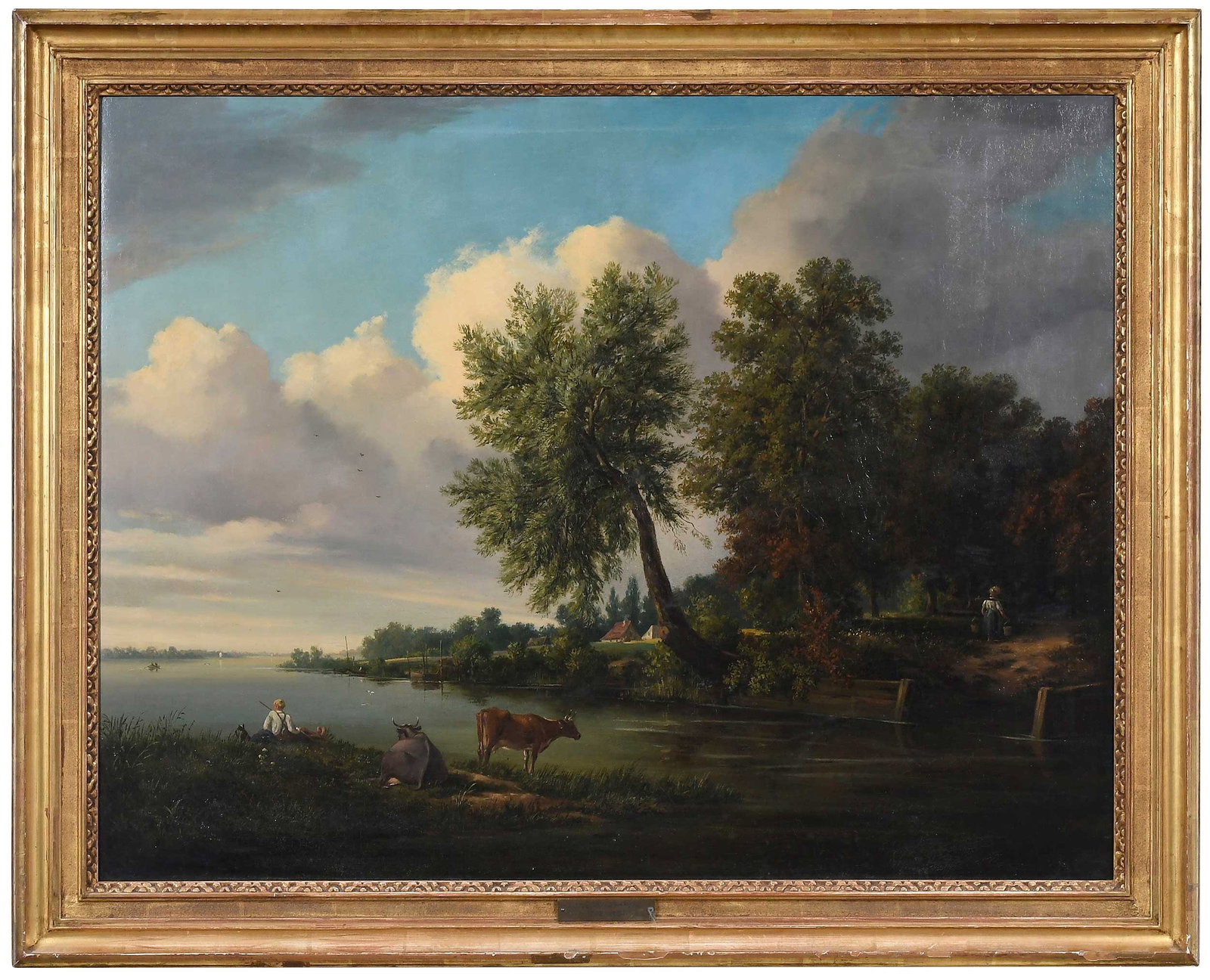 Manner of William Ashford, River Landscape: (British, 1746-1824) Boy Fishing Off a Bank, bears a signature lower left "W. Ashford", oil on canvas, 28 x 36-1/2 in.; fine gilt wood frame with sand panel, 34-1/2 x 42-1/2 x 2 in. Pr