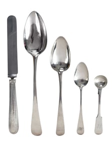 Group of Assorted English Silver Flatware, 65 Pieces