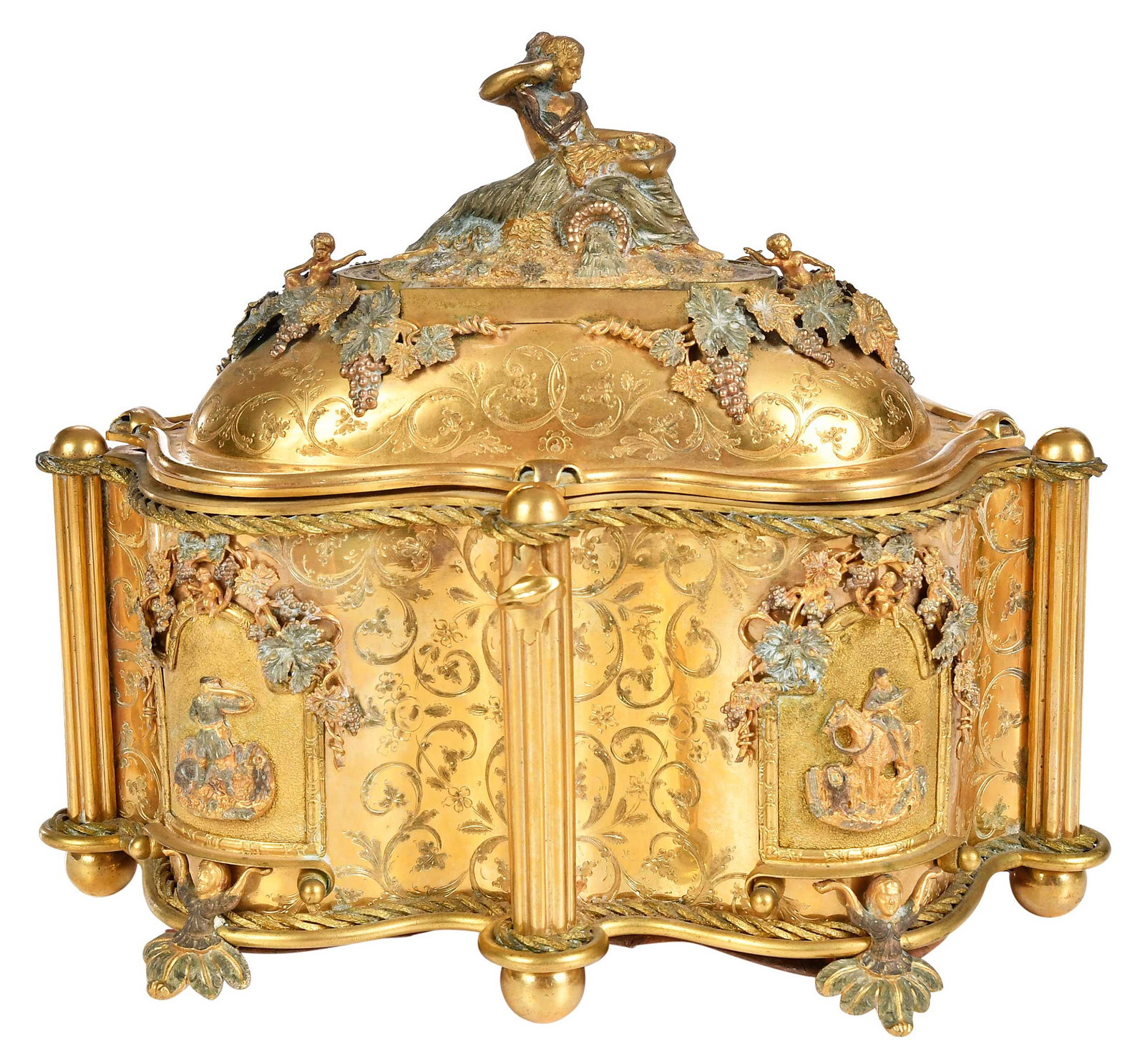 Victorian Gilt and Patinated Bronze Jewelry Casket: late 19th century, with key, approx. 9-1/4 x 10-3/4 x 7 in. Provenance: Private Collection, Charlotte, North Carolina