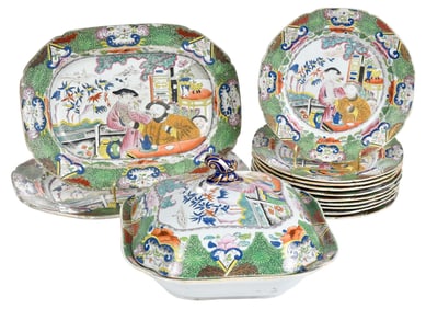 13 Pieces of Mason's Ironstone Green Mandarin Serviceware