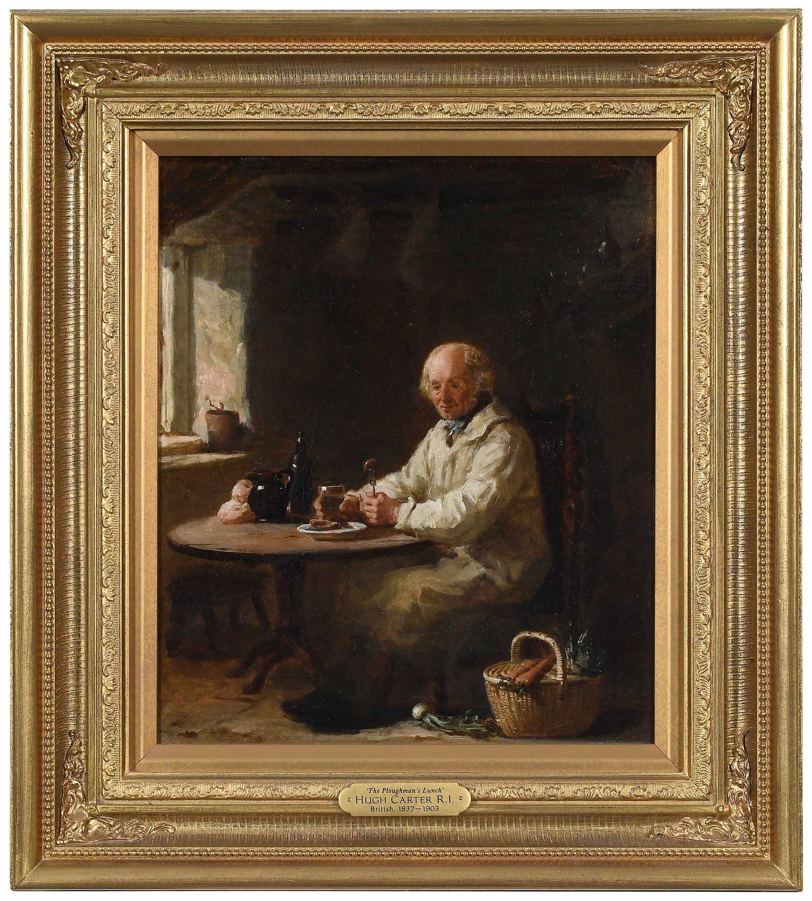 Hugh Carter, The Plowman's Lunch: (British, 1837-1903) Older man, possibly identified verso as "Russell Shoemaker", signed and inscribed verso on canvas "Presented to R. Watts/by H. Carter March 11th, 1857", oil on canvas, 14 x 12 in.