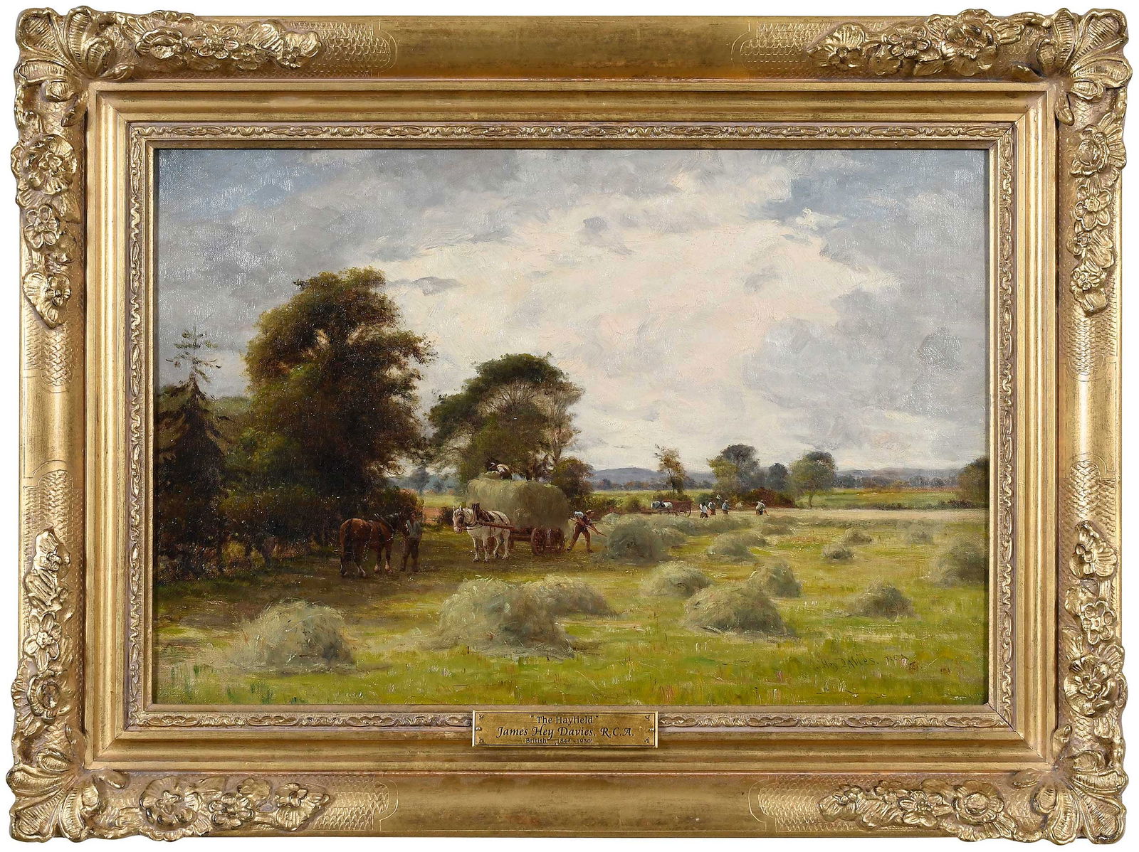 James Hey Davies, R.C.A., The Hay Field: (British, 1844-1926) Hay harvesters cutting and loading hay wagons, signed lower right "J. Hey Davies, R.C.A.", artist's inscribed and signed label verso, oil on canvas, 14 x 21 in.; Louis XV style fr