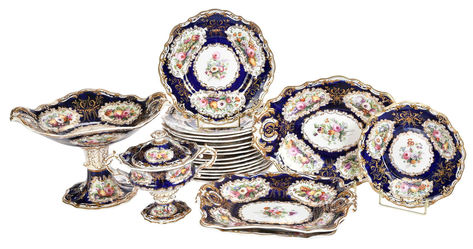20 Piece Copeland & Garrett Late Spode Hand Painted Cobalt and Gilt Porcelain Dessert Service: English, second quarter 19th century, each with maker's mark to underside, pattern number 5611, comprising: footed compote, lidded sauce tureen, ovoid platter, two rectangular platters, 14 plates,