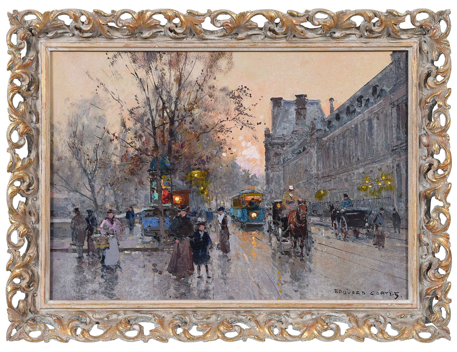 Edouard Leon Cortes, Quai du Louvre Anime: (French, 1882-1969) A view of the Louvre at dusk, signed lower right "Edouard Cortes", oil on canvas, 12-1/2 x 17-11/16 in. (317.5 x 449.26 mm. or 31.75 x 44.93 cm.); gilt and painted reticulated wood