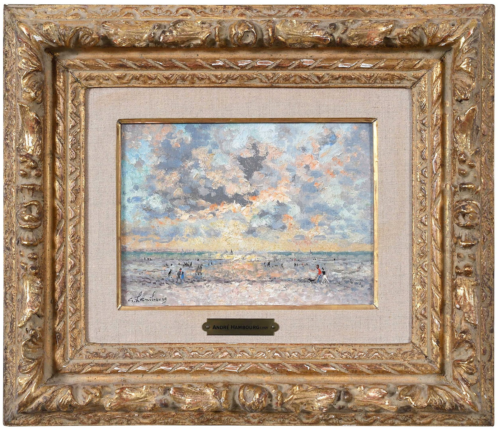 Andre Hambourg, Fin du Jour - Maree Basses: (French, 1909-1999) End of the Day - Low Tides, signed lower left "a. hambourg", and monogrammed and titled verso, oil on canvas, 6-1/4 x 8-3/4 in.; original molded and gilt wood frame, 14 x