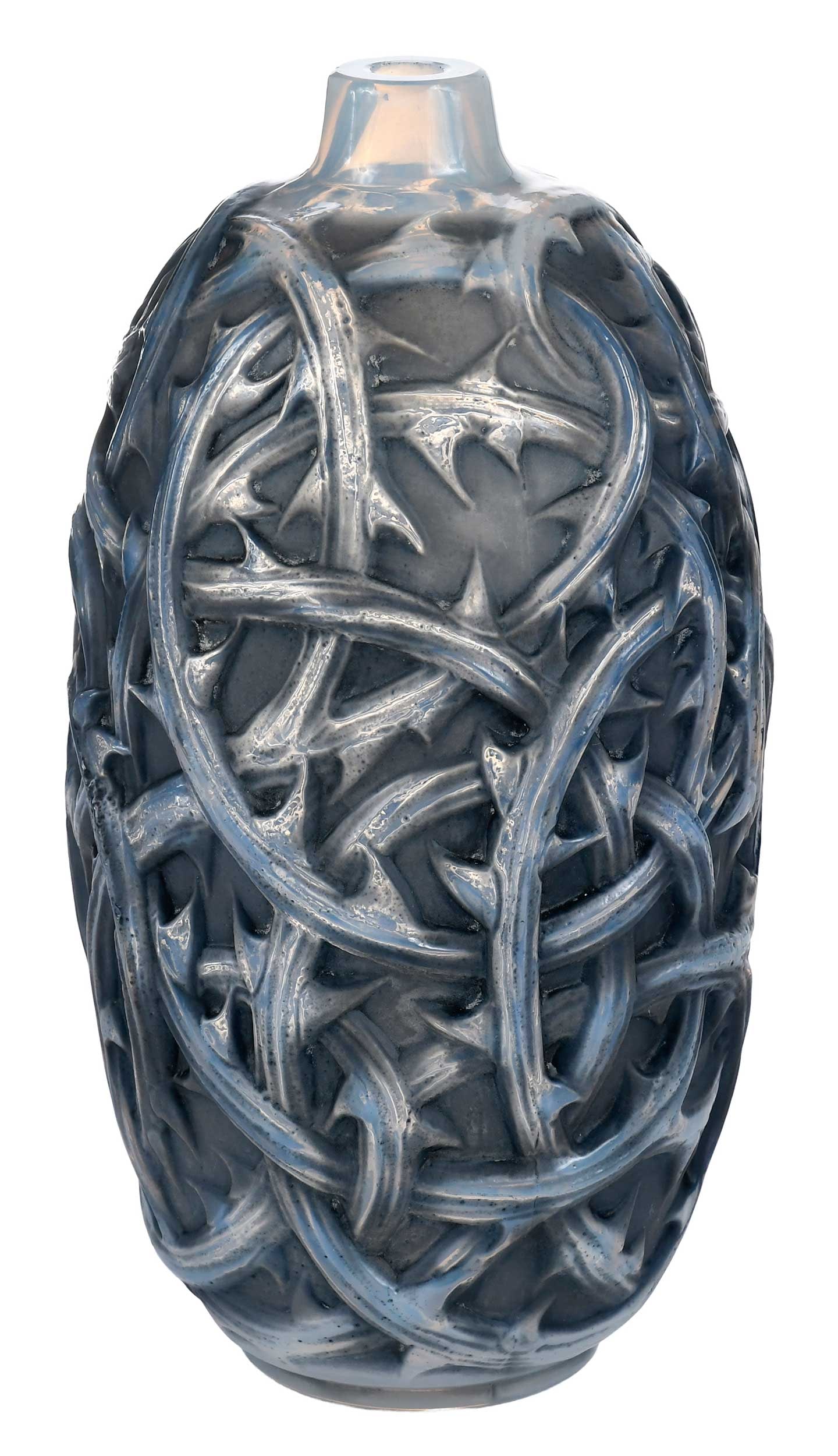 Rene Lalique Ronces Glass Vase: French, first half 20th century, molded opalescent glass with impressed thorned vine design, blue gray coloring, acid etched, with molded "R. Lalique" signature at base, 9-1/4 x 4-