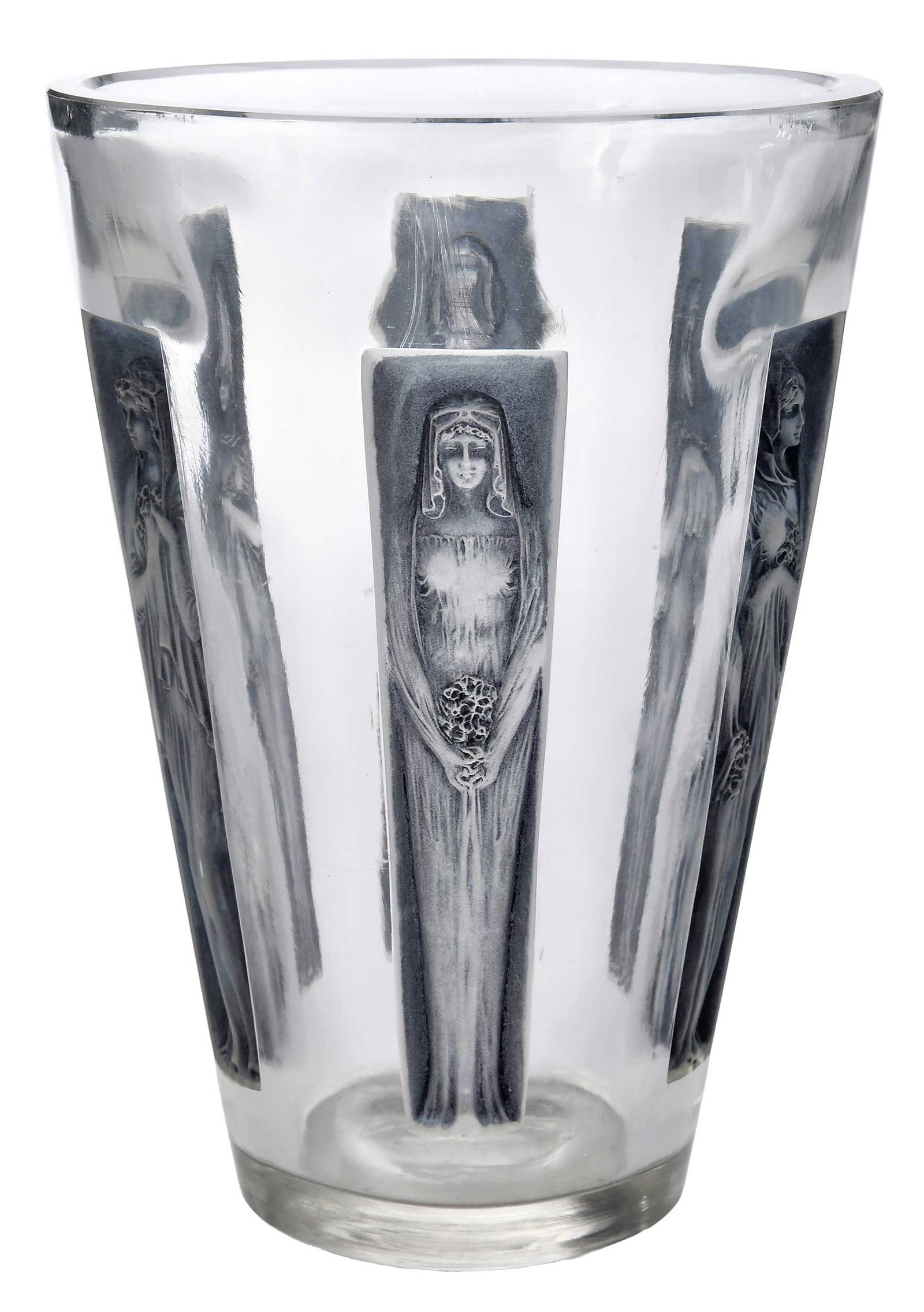 Rene Lalique Six Figurines Glass Vase: French, early 20th century, molded glass with six impressed acid etched figures in relief, inscribed "Lalique" at side near base, 7-5/8 x 5-3/8 x 3-5/8 in. Provenance: Private Collection Lit