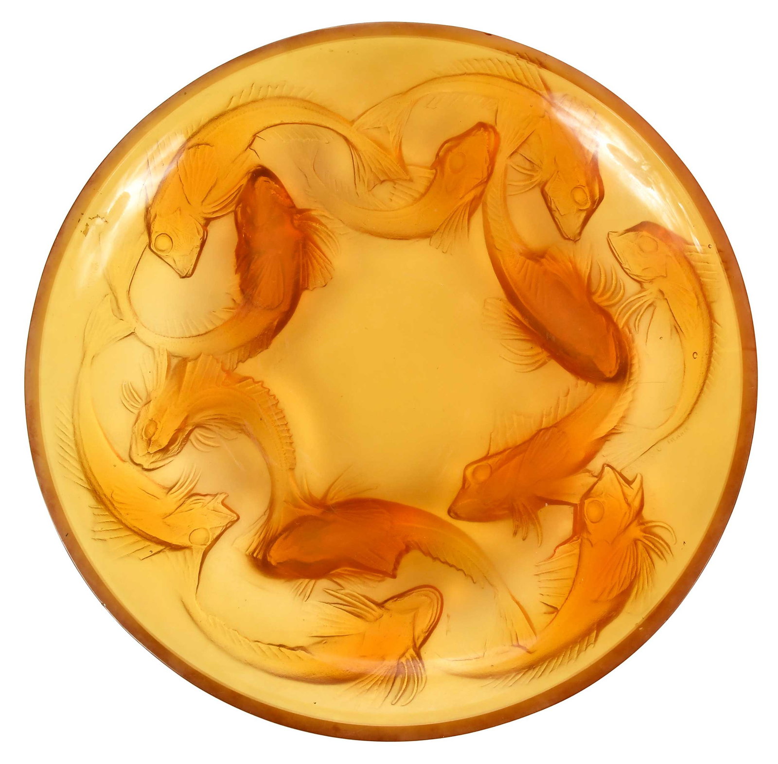 Rene Lalique Martigues Glass Bowl: France, 20th century, molded amber glass with impressed fish motif, molded signature "R. Lalique/France", 2-5/8 x 14-3/8 x 14-3/8 in. Provenance: Private Collection Literature: A Laliqu