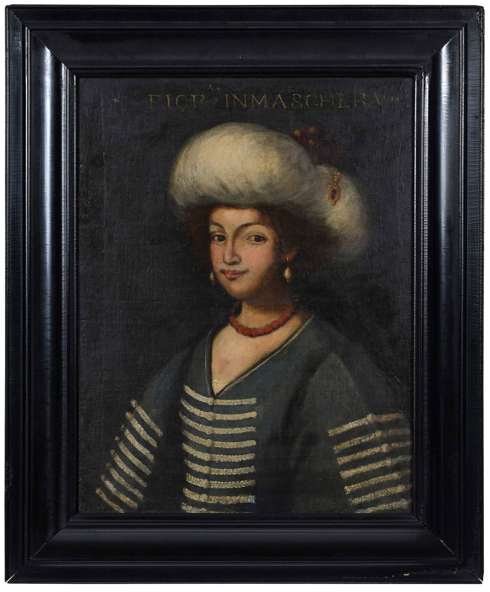 Italian School Portrait, Ottoman Woman: (18th century) Possibly a portrait of Emetullah Rabia Gulnus Sultan, inscribed at top "Fiora.In Maschera" (flower in disguise), unsigned, oil on canvas, 25 x 19-5/8 in.; Dutch style reverse profile la