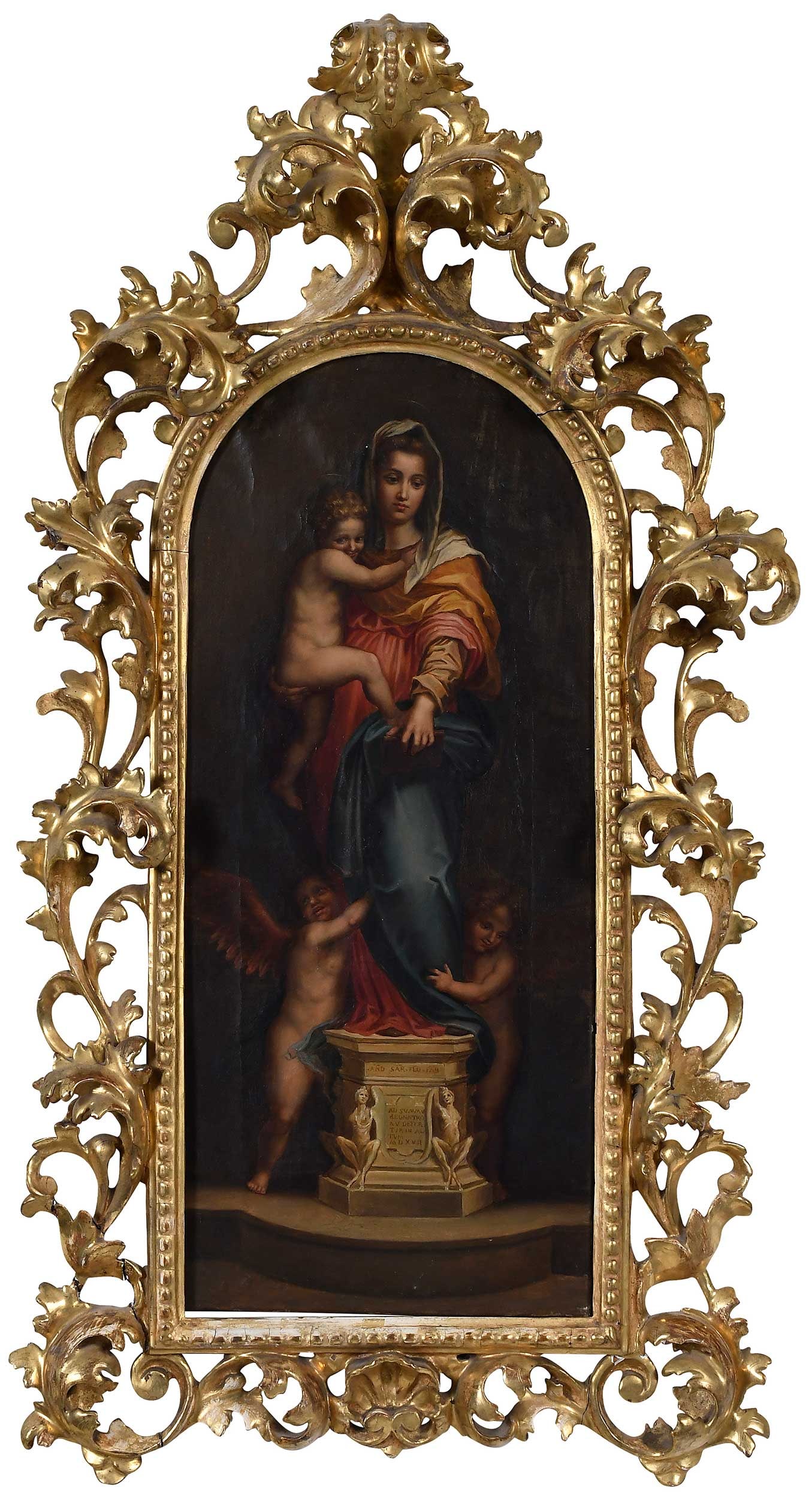 After Andrea del Sarto, Madonna delle Harpie: (Italian, 1486-1530) Madonna con Bambino tra San Francesco d'Assisi e San Giovanni Evangelista (detail), the original work is held by Piazzale degli Uffiz, Florence, Italy, a Grand Tour copy