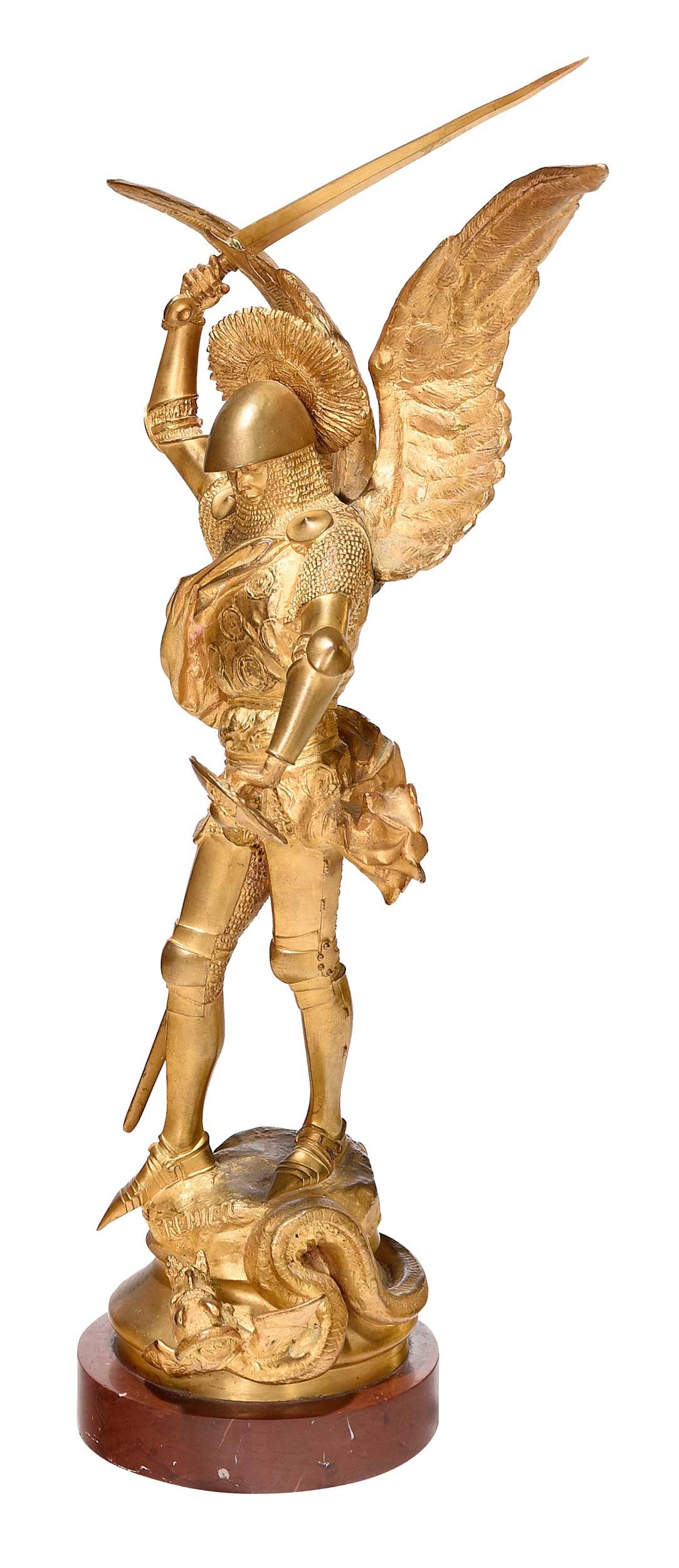 Emmanuel Fremiet: (French, 1824-1910) Saint Michael Slaying the Devil, 1876, number 344, signed lower edge recto "Fremiet", bronze on sienna marble base, approximately 21-3/4 x 13-1/2 x 8 in. Prove