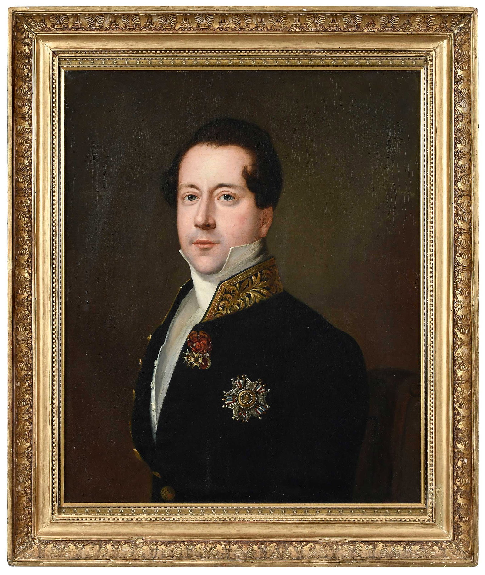 Follower or Circle of Jacques Louis David, Portrait of a Belgian Diplomat: (French, 1748-1825) Gentleman in black coat with embroidered collar, with order medals, unsigned, oil on canvas, 25-1/2 x 21-1/4 in.; possibly original Empire gilt wood and composition frame, 32 x 26-