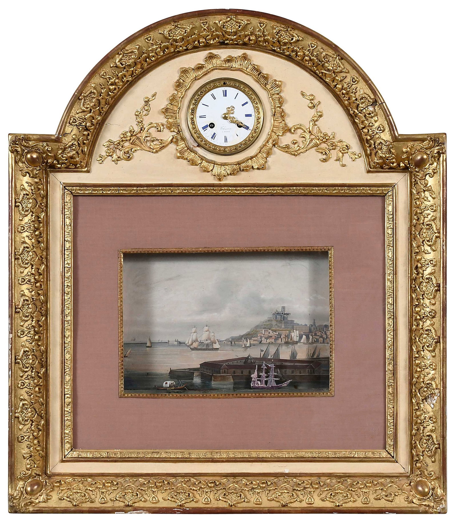Musical Automaton Nautical Picture Clock by Xavier Tharin: French, late 19th century, hand painted harbor scene with spinning windmill and automaton ships in foreground, overall 30-1/2 x 26-1/2 in. Note: (from our consignor) "This item is unique because it ha