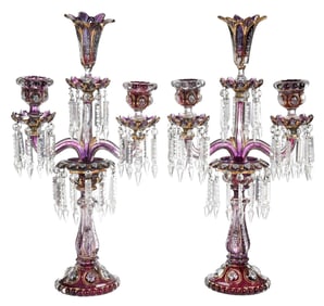 Pair of Bohemian Amethyst Glass Two Light Candelabras