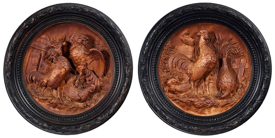Pair of High Relief Carved Wood Plaques, Chicken and Cock Fighting Scenes