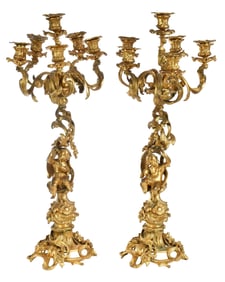 Pair of Large Louis XV Style Six Light Gilt Bronze Candelabras