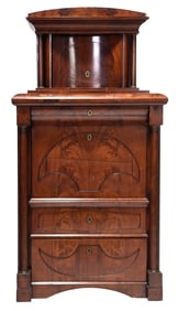 Biedermeier Book Matched Figured Mahogany Architectural Secretaire a Abattant