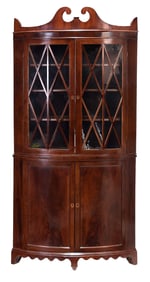 Rare Delaware Attributed Federal Inlaid Cherry and Mahogany Bow Front Corner Cupboard