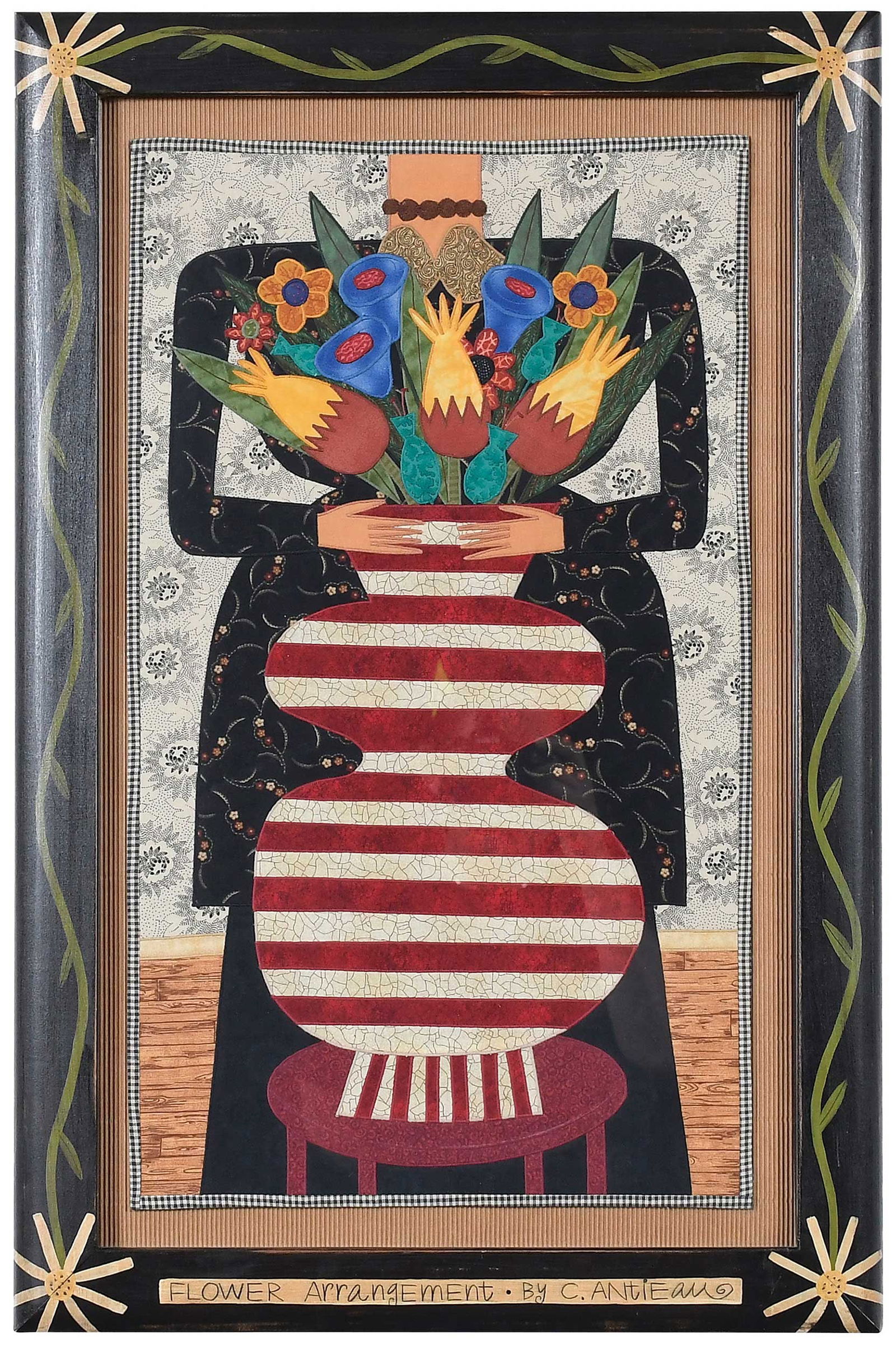 Chris Roberts Antieau: (American, born 1950) Flower Arrangement, mixed media fabric painting, composed of applique and embroidery, labeled and dated verso "to Linda, Merry Christmas Chris/Chris Roberts-Antiea