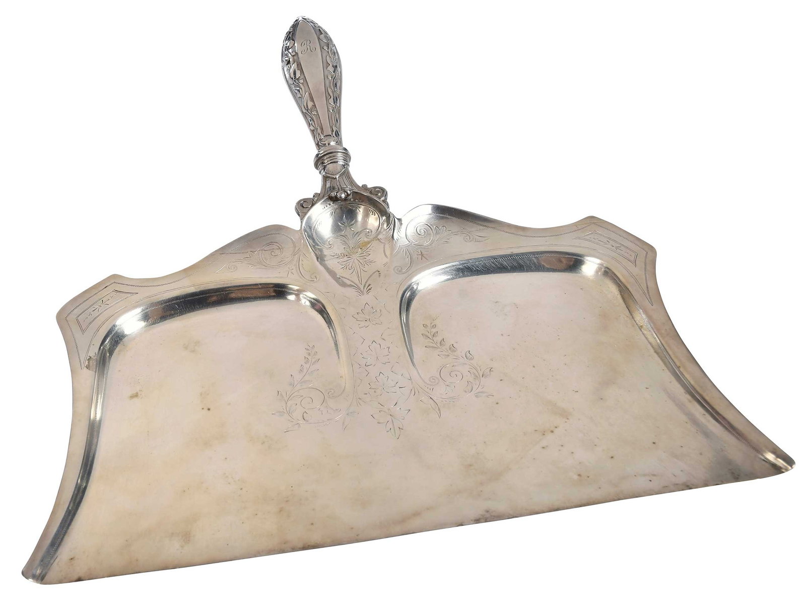 American Coin Silver Crumb Tray, Schulz & Fischer: San Francisco, mid 19th century, hollow handle with ivy decoration, monogram "R", marks for Schulz & Fischer (San Francisco, California, working 1863-1900), 10-3/4 in. Provena