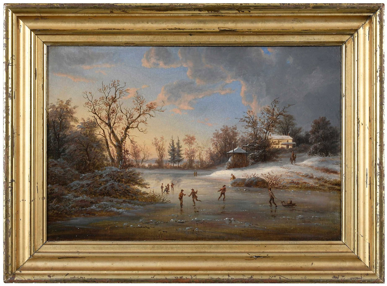 American School Skating Scene: (19th century) New England Skating Party, unsigned, oil on canvas, 12 x 18 in.; period carved gilt wood frame, 16-1/2 x 22-1/2 in. Provenance: Dick Button Collection, New York; Brunk Auctions, Ashevil