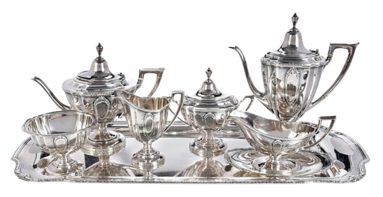Seven Pieces Wallace Princess Anne, Tea Service, Gravy Boat and Tray