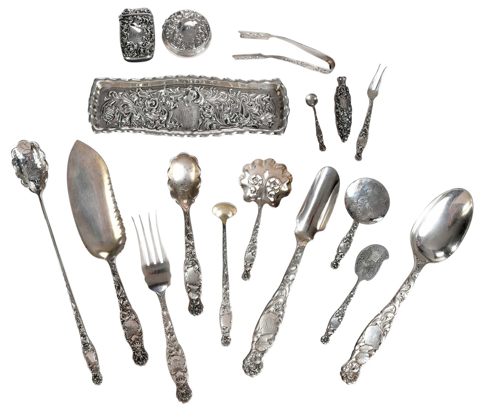 Whiting Heraldic Sterling Serving, 40 Pieces: American, late 19th/20th century, including lettuce fork; two individual asparagus tongs; long handle olive spoon; long handle pickle fork; butter pick; pierced oliv