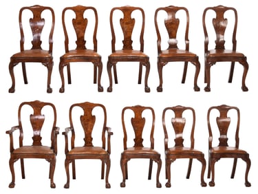 Set of 10 Vintage Chippendale Style Burlwood Veneered and Leather Upholstered Dining Chairs