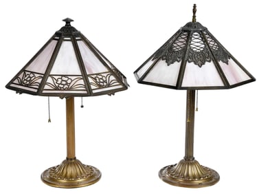 Near Pair of Bradley & Hubbard Slag Glass Lamps