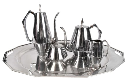 Four Piece Japanese Miyate Sterling Tea Service with Silver Plate Tray