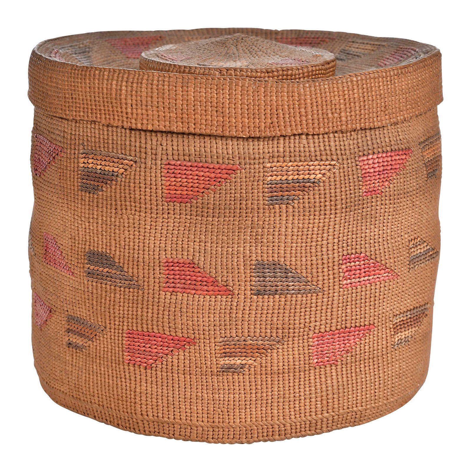 Northwest Coast Lidded Basket: possibly Tlingit, late 19th/early 20th century, the lidded basket with polychrome geometric decoration, double twist overlay, 5-1/4 x 6-1/4 x 6-1/4 in.