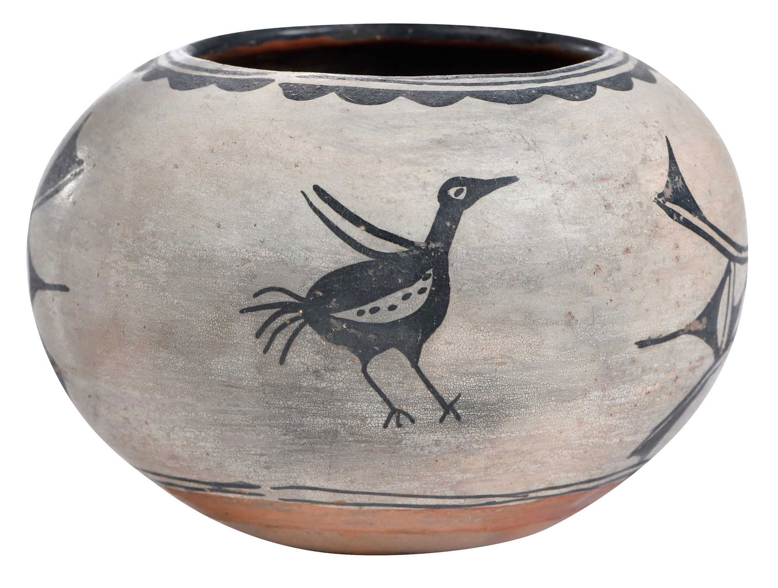 Small Cochiti Bird Pot: Ignacita Arguero, circa 1915, inscribed in pencil on bottom "Ignacita Cochiti Pueblo", redware pot with white slip and black bird motifs, 4-1/2 x 6 in.