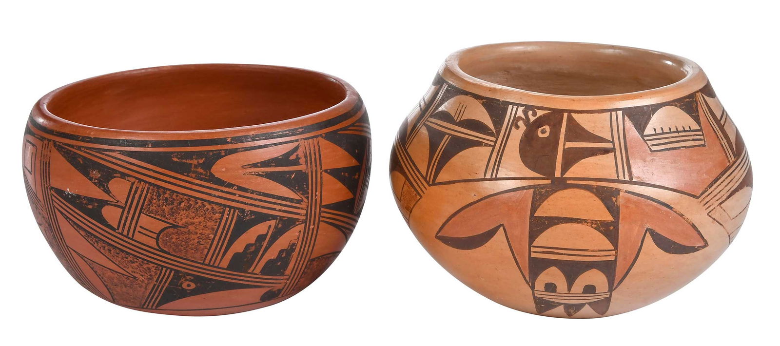 Two Signed Hopi Pots: both 20th century, the first signed "Roberta Silas" (1939-2009), a small redware bowl with black decoration, 3 x 5 in.; the second a polychrome pot signed "Bertha...Polacca", 3-1/2