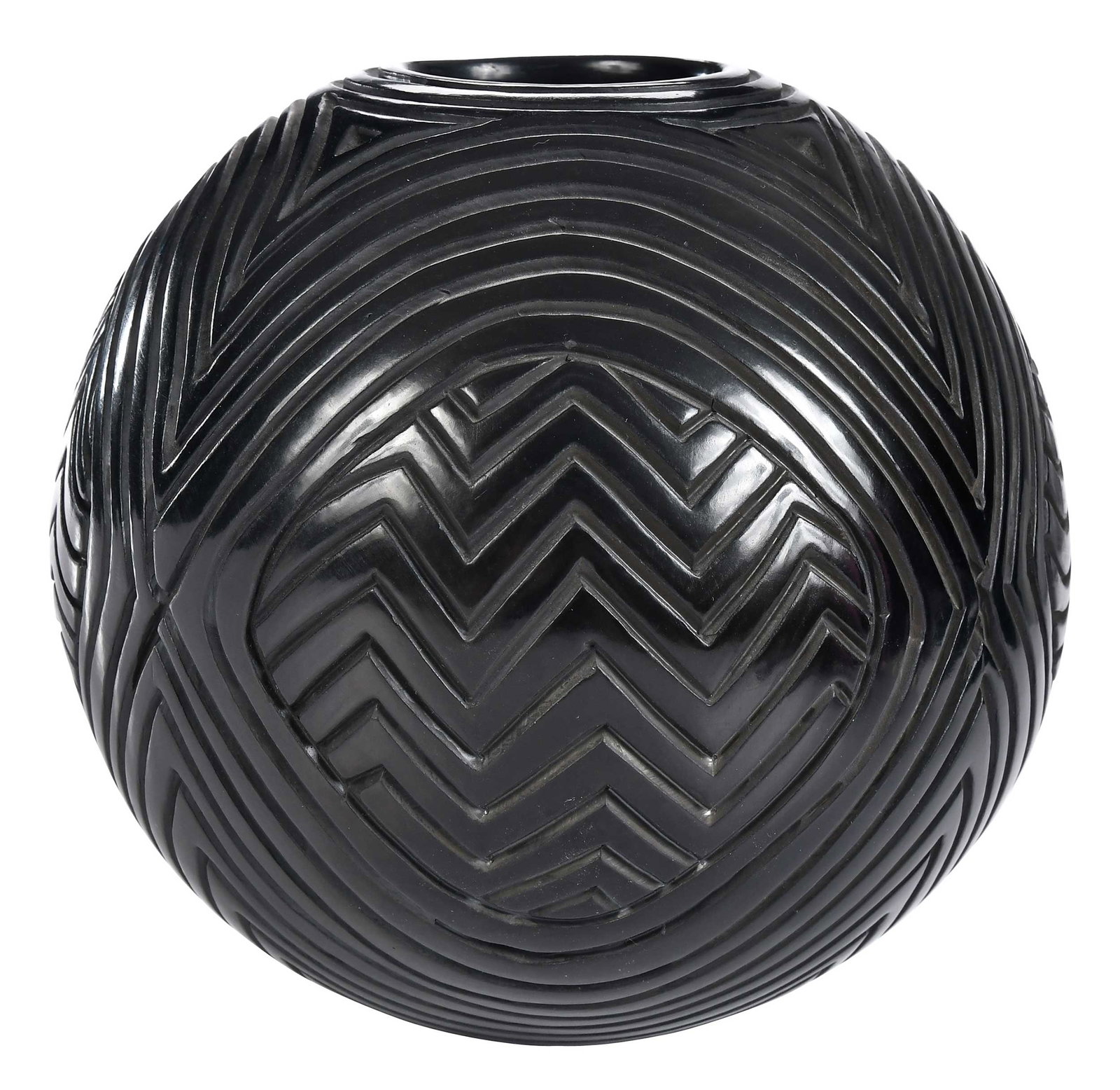 Signed Cherokee Blackware Pot: 20th century, Joel Queen, signed with initials "JQ", (Eastern Band Cherokee, born 1967), large incised round blackware pot, 9 x 9 in.; with black glazed ceramic ring to accommodate the round