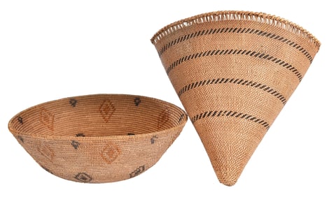 Coiled Polychrome Storage Basket and a Pack Basket