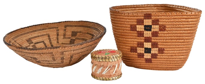 Two Native American Coiled Baskets and Quilled Box