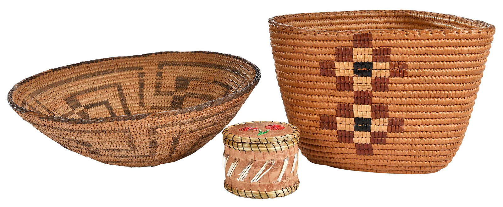 Two Native American Coiled Baskets and Quilled Box: all late 19th/early 20th century, the first a shallow basket bowl, possibly Pima, with geometric decoration inside and out, braided rim, 3-3/4 x 10-1/4 in.; a triangular basket with polychrome overlay