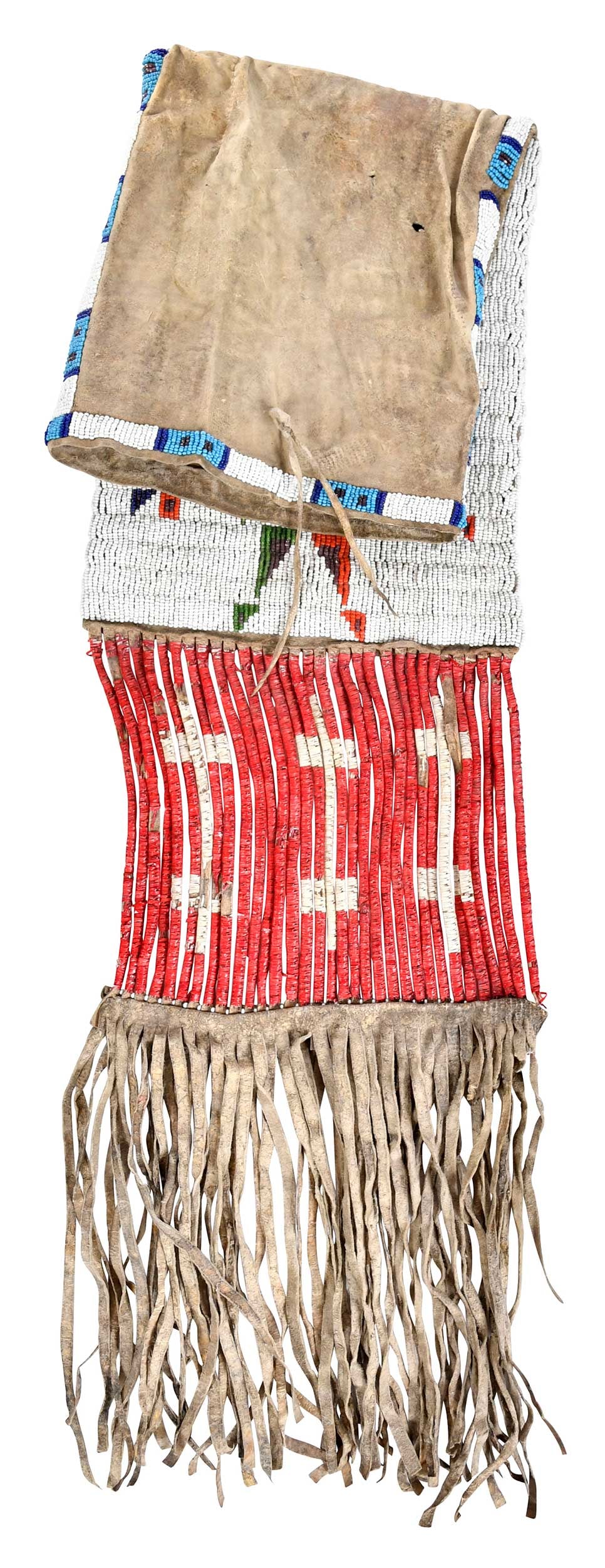 Lakota Quilled and Beaded Pipe Bag: late 19th century, hide bag with fully beaded sinew sewn geometric decoration front and back, quill wrapped slats, hide fringe, 27-3/8 x 8 in., 36-1/4 in. with fringe