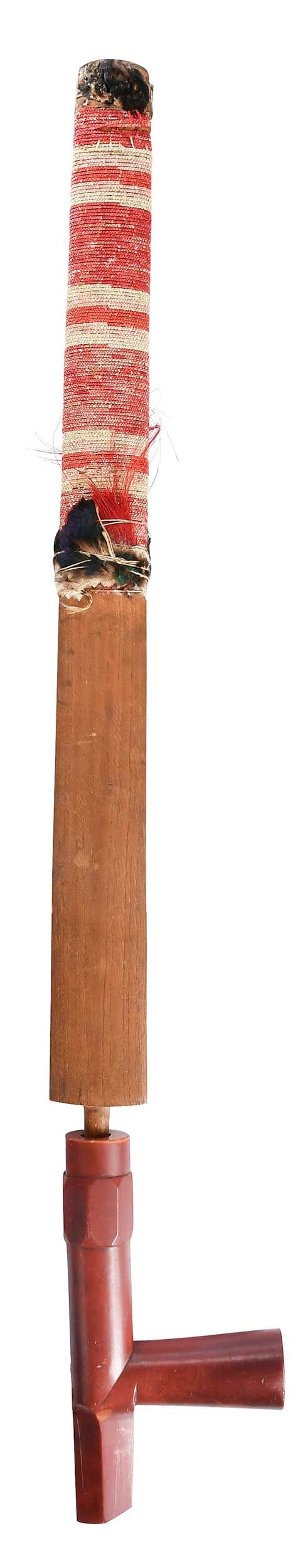 Lakota Quill Wrapped Pipe Stem and Bowl: late 19th century, quill wrapped stem, 24-1/8 x 1-3/4 x 5/8 in.; with carved catlinite bowl, 4 x 7-1/8 x 1-1/8 in. Provenance: David Cook Galleries, Denver, Colorado, April, 2014, accompanied by copy