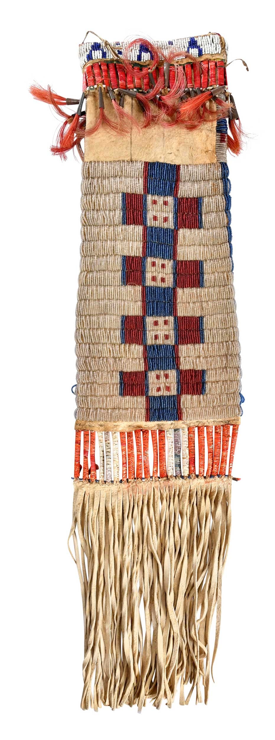 Plains Beaded and Quilled Pipe Bag: late 19th/early 20th century, beaded front and back, with quill wrapped parfleche drops at top and bottom, hide fringe, tin cone and horsehair drops, 28-1/4 in. including fringe
