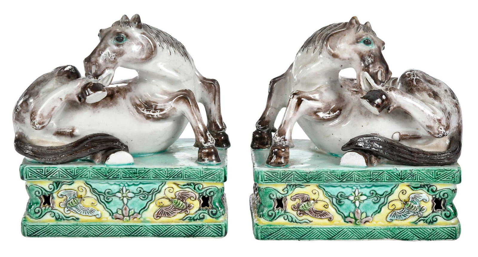 Pair of Chinese Export Biscuit Glazed Porcelain Recumbent Horses