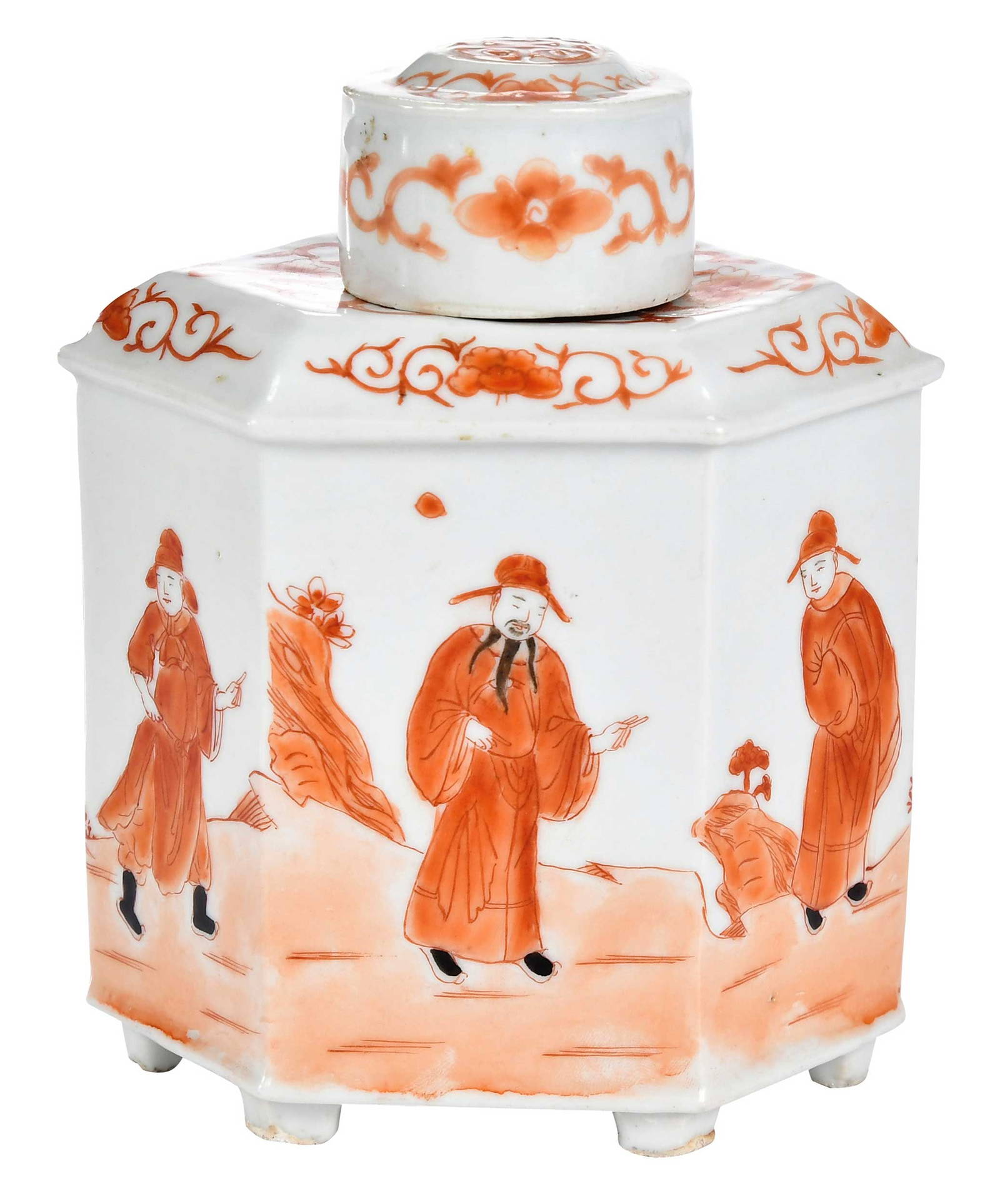 Chinese Iron Red Decorated Porcelain Hexagonal Tea Caddy