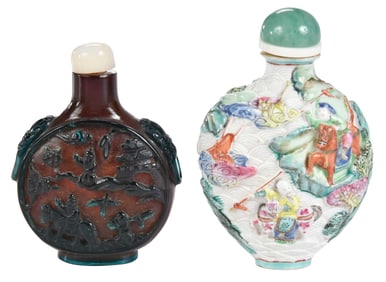 Two Chinese Snuff Bottles, Carved Glass and Enameled Porcelain