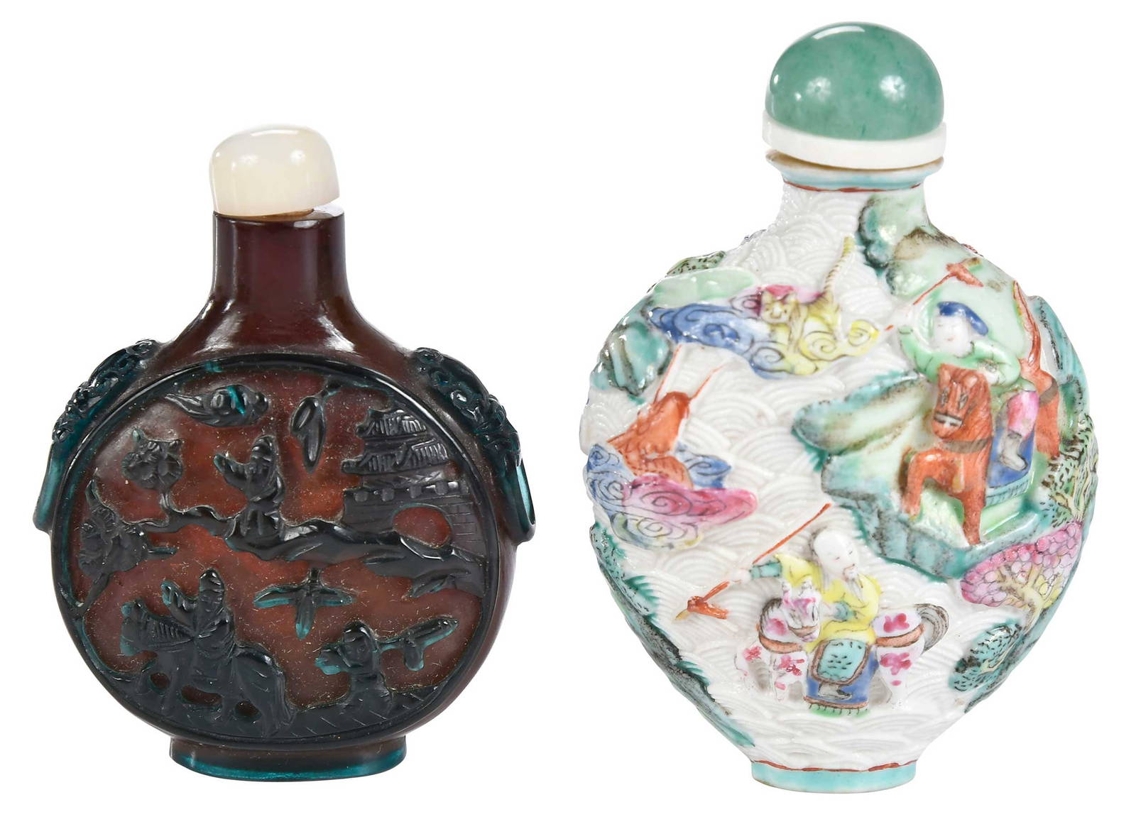 Two Chinese Snuff Bottles, Carved Glass and Enameled Porcelain