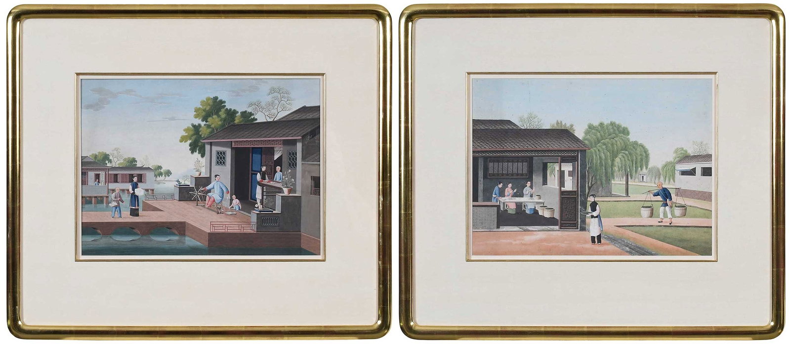 Two China Trade School Views, Silk and Tea Production: (19th century) Spinning and Selling Silk; Bringing the Tea from the Fields for Sorting and Drying, the later after Tingqua (active circa 1830-1870), both extracted from 19th century producti